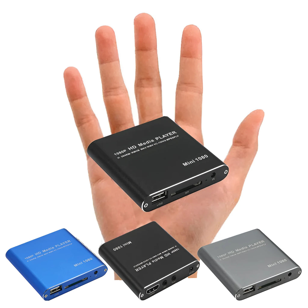 Compact black or blue 1080P HDMI media player with USB and SD card ports.