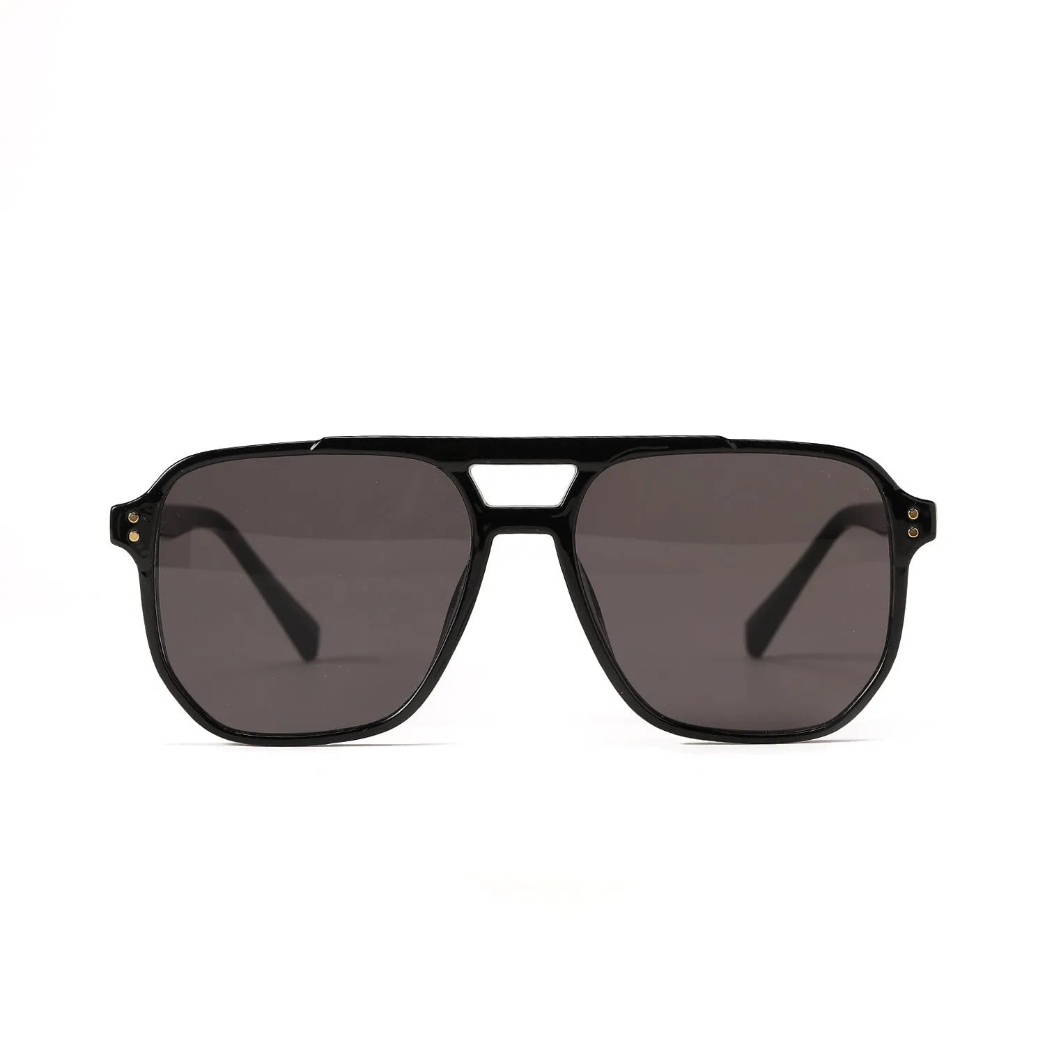 Square double beam full frame sunglasses for women in black frame with pink lenses.