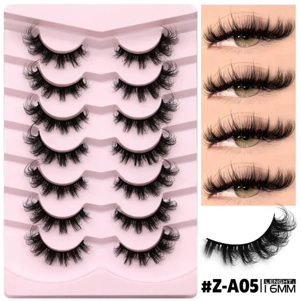 Box of natural false eyelashes showing six different thick, dense styles including Y5 and A01-A05 with glue