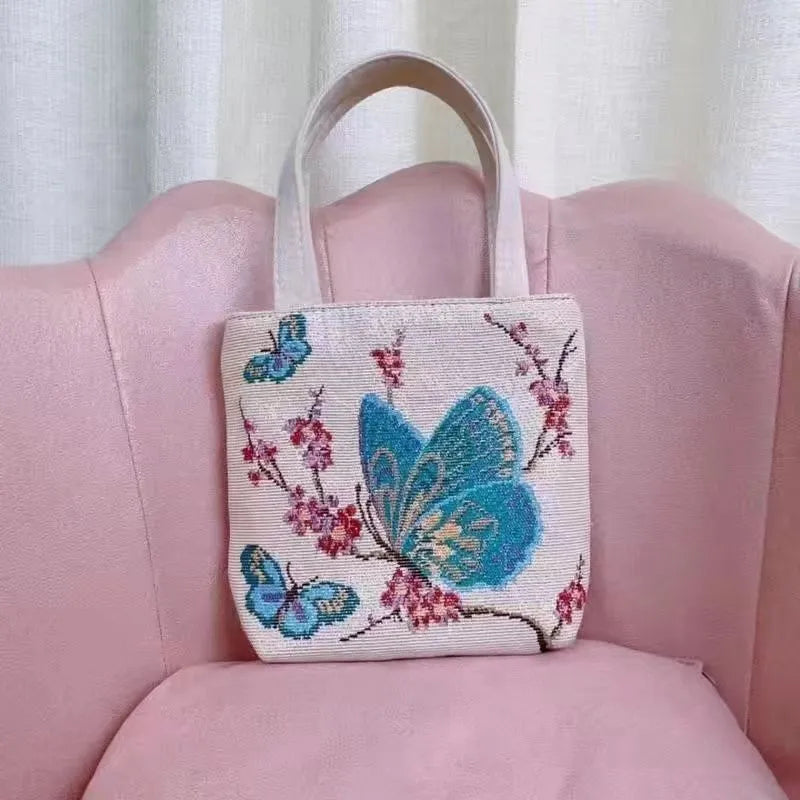 Double-sided gold wire embroidered canvas bag showing Monet flowers design with polyester lining