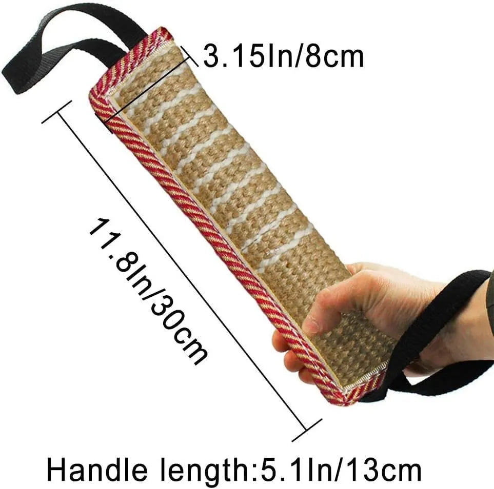 Beige jute dog tug toy with two handles showing double stitching along biting sleeve