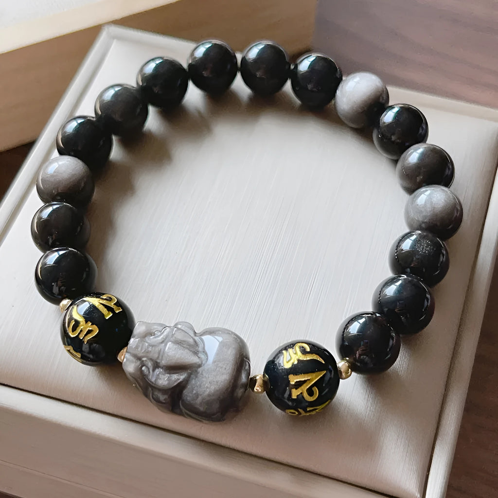 Silverstone beaded bracelet for men with engraved Six Words Proverbs, Chinese style design.