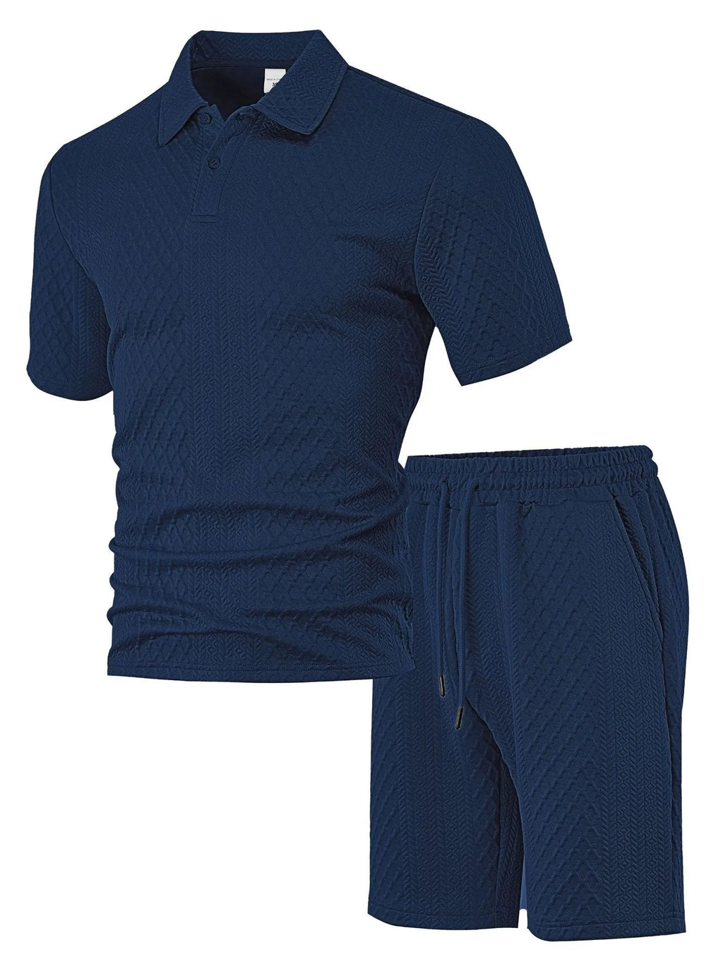 Men's casual short sleeve polo suit with matching trousers in polyester figure cloth, showing colour options.