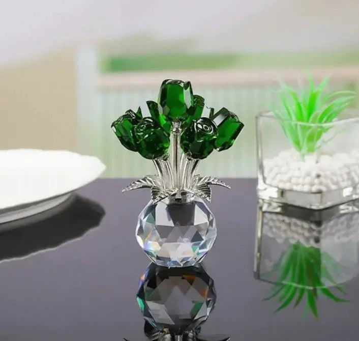 K9 crystal glass rose decoration with geometric shaping in one of seven colour options