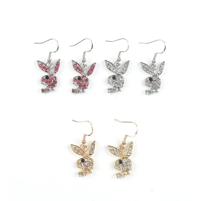 Full diamond rabbit stud earrings in gold, pink, and silver colour options with alloy construction