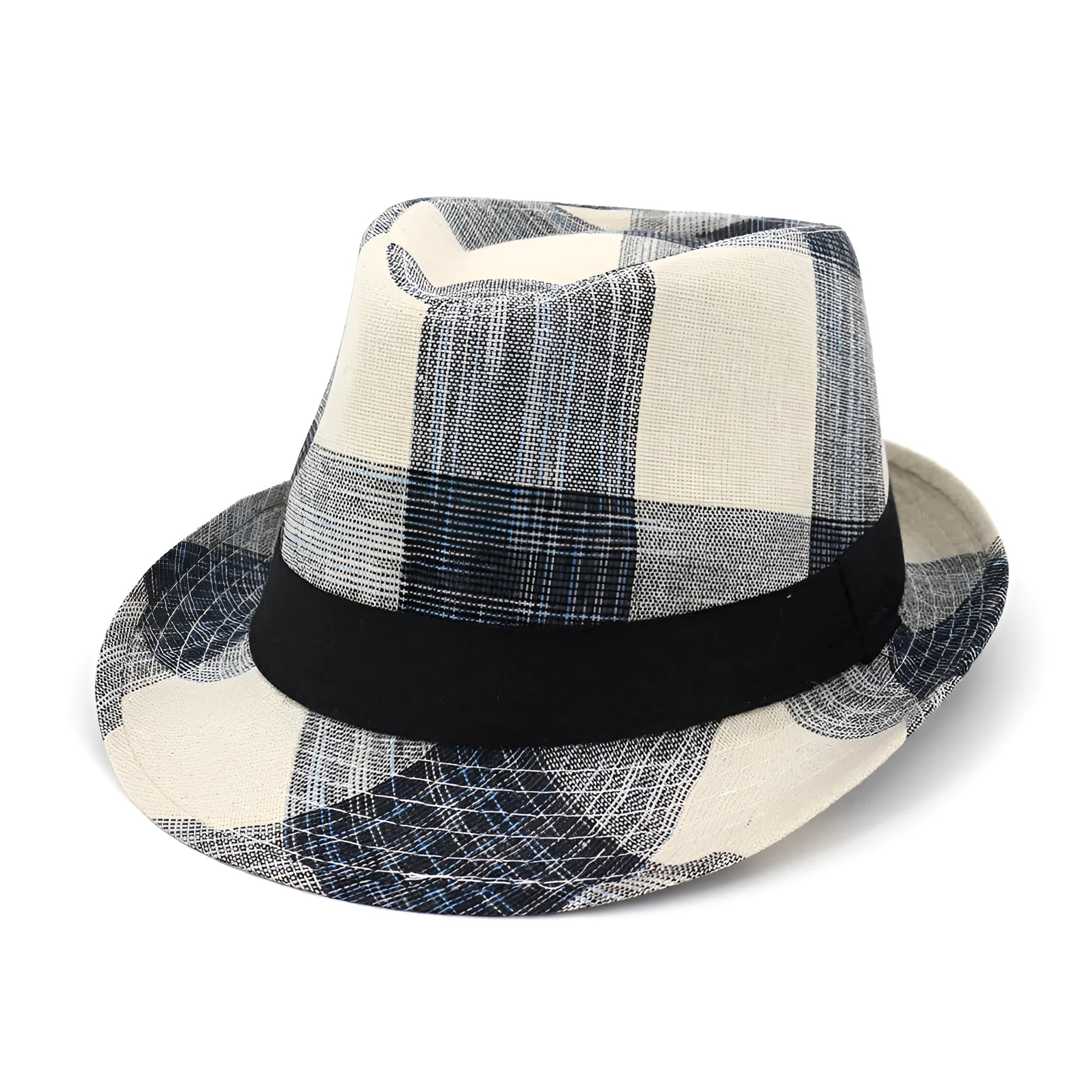 Blue polyester sun hat with a bell-shaped crown and a 4.5cm brim on a white background.