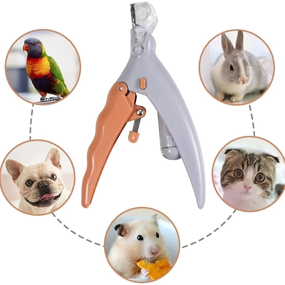 Yellow handheld LED pet nail trimmer with magnifying glass and steel blades for cats and dogs