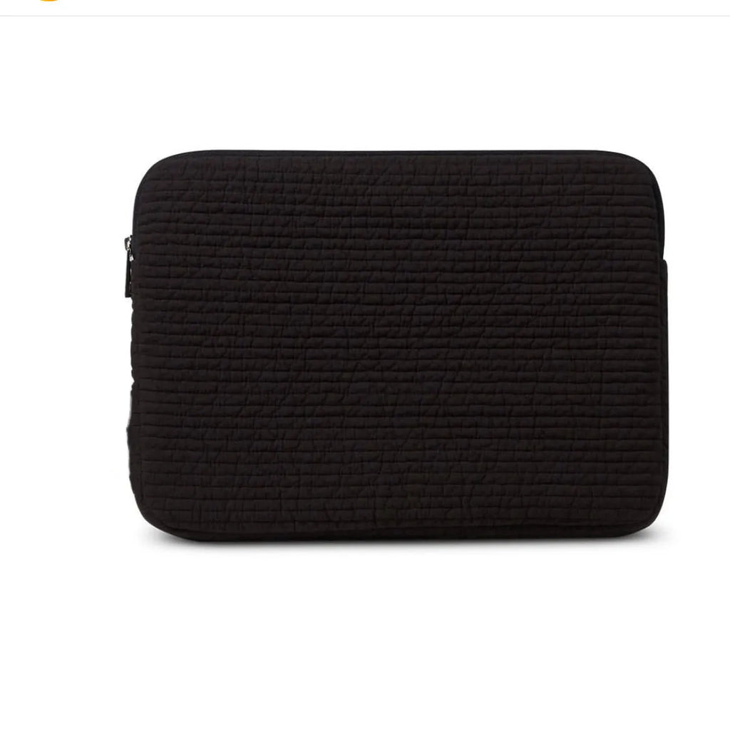 Black and white hand-held anti-seismic cotton laptop clutch bag for tablets, showing coin pocket.
