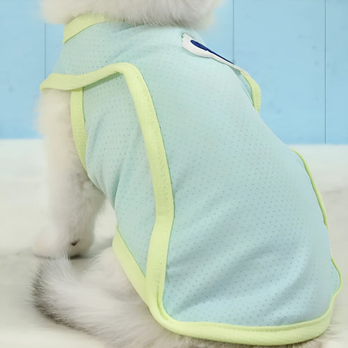 Cat wearing thin polyester summer vest in grass green colour with sports style design