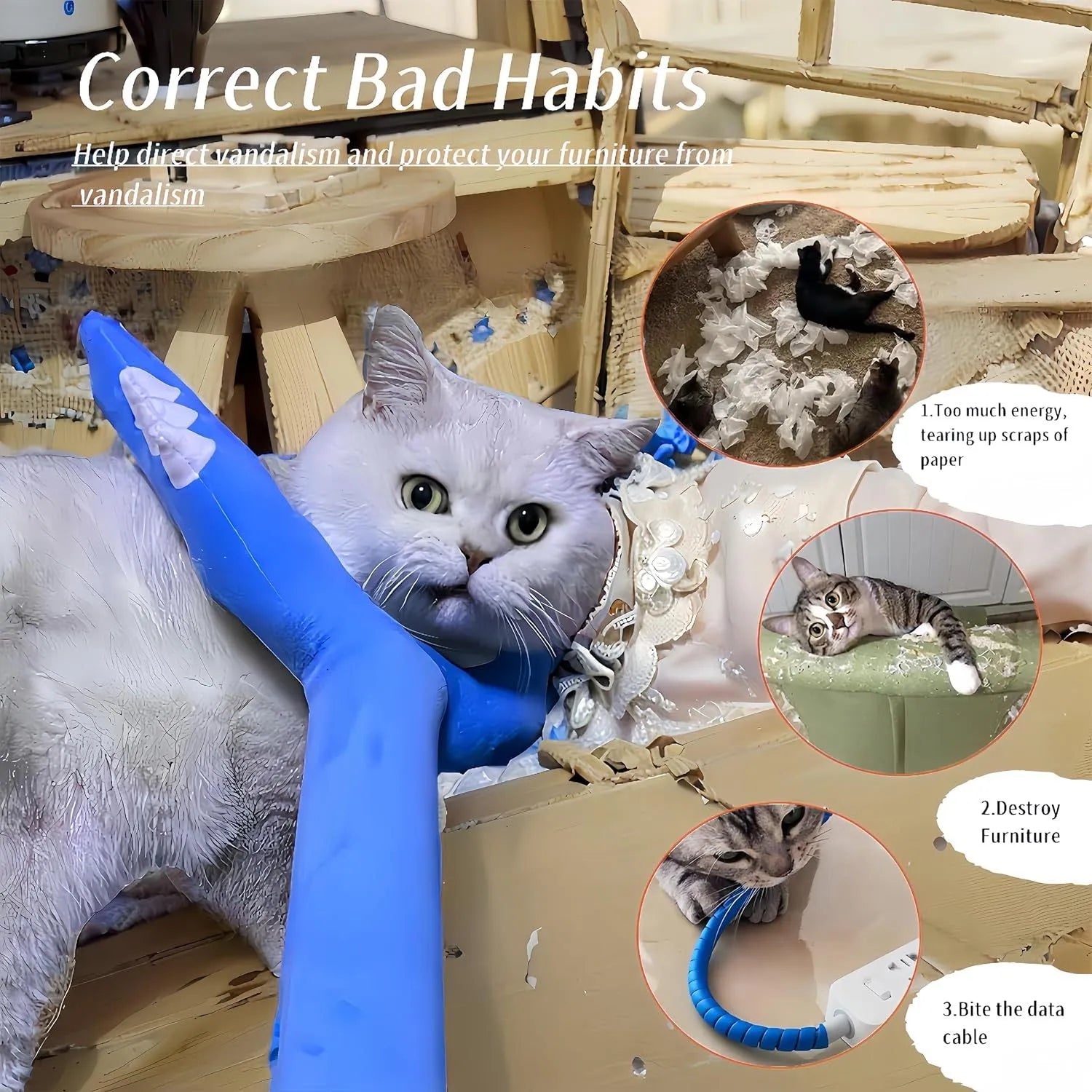 70cm plush cat wand toy for indoor cats in blue colour with plush-wrapped construction