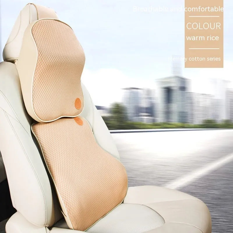 Black and beige memory foam headrest pillow and lumbar support pillow for car seats.