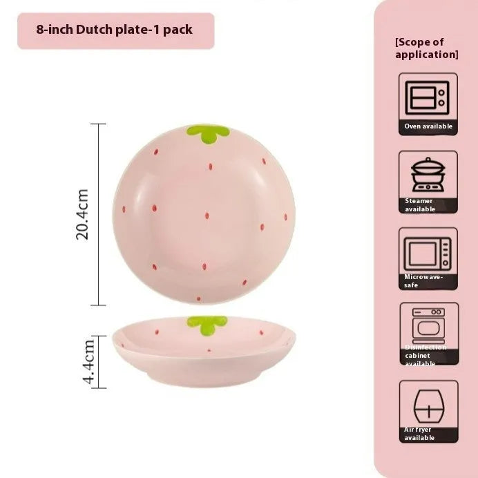 Strawberry pattern ceramic dinnerware set with bowls, plates and twist spoon