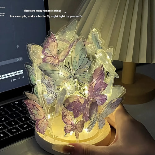 Butterfly night lamp with glass shade on wood base, bedside ambience lighting