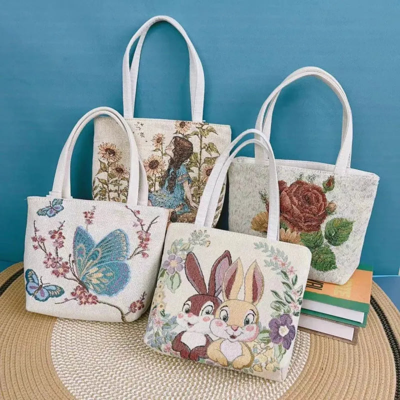 Double-sided gold wire embroidered canvas bag showing Monet flowers design with polyester lining