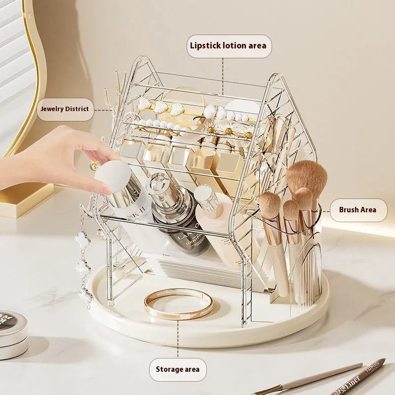 360 degree rotating plastic cosmetics storage box in Amber Gold and Clear colours for vanity organisation