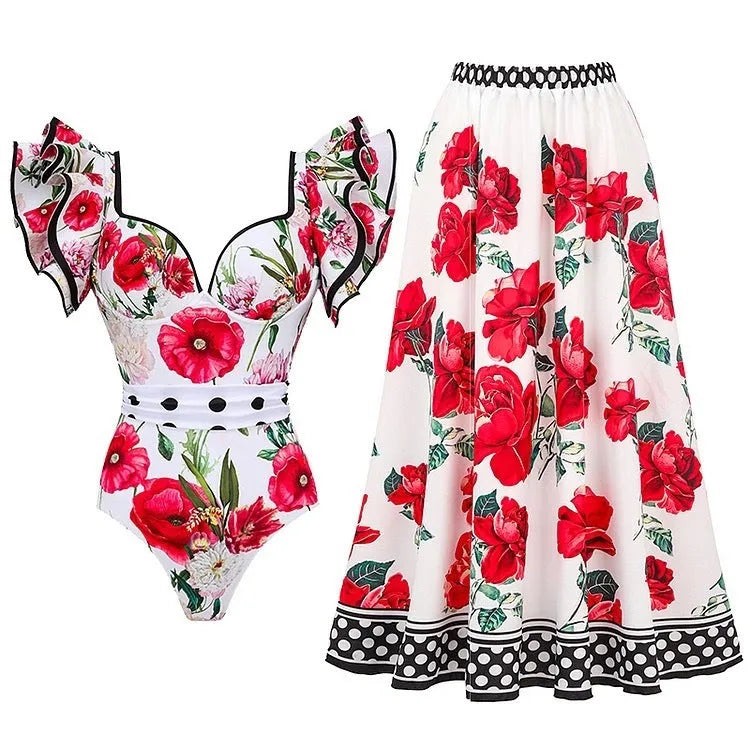 Women's one-piece polyester swimsuit in printed rose pink or blue with optional skirt design