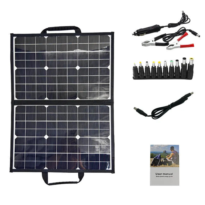 Black 40W solar folding bag showing folded configuration and single crystal solar cells