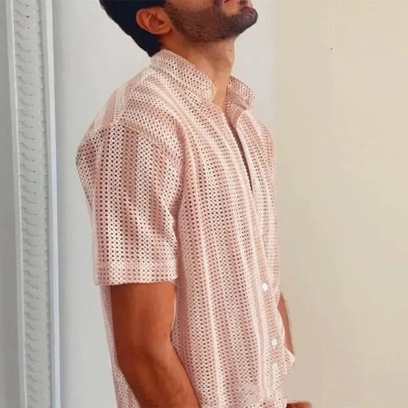 Pink loose waffle-textured men's summer cardigan shirt with short sleeves
