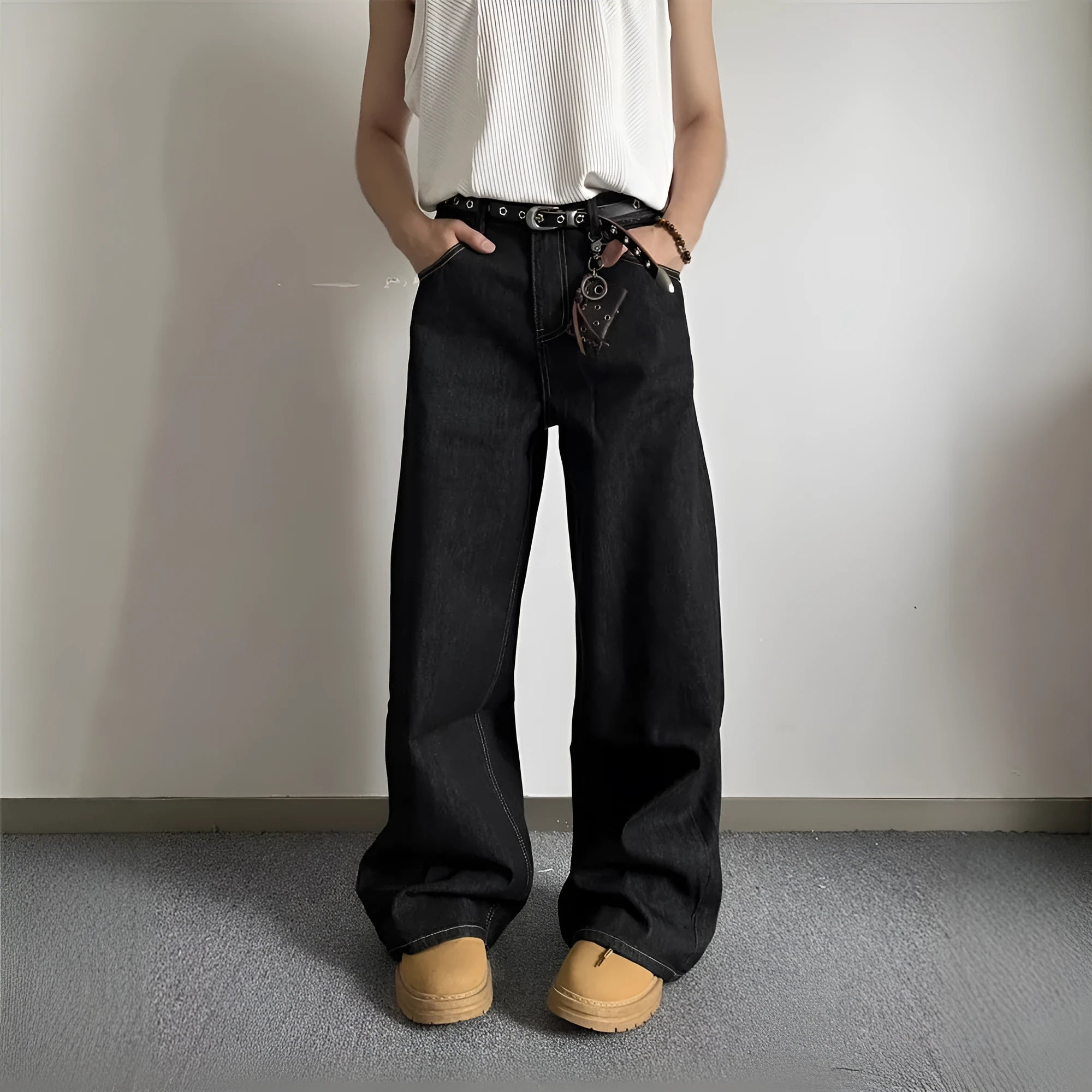 Black loose wide-leg jeans with straight-leg cut and mid-waist design in retro style