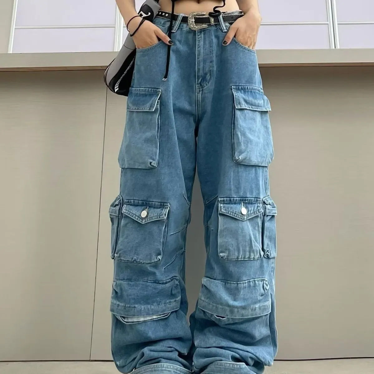 Women's tie-dyed high waist wide leg jeans with multiple pockets in street hipster style