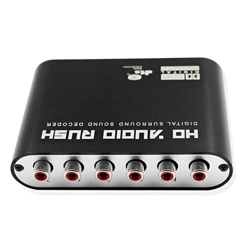 Black DTS Dolby AC-3 digital audio decoder with optical coaxial inputs for 5.1 channel conversion