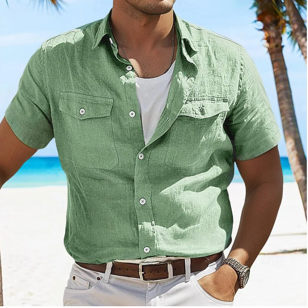 Men's loose fit cotton summer shirt in solid colour with polo collar and long sleeves