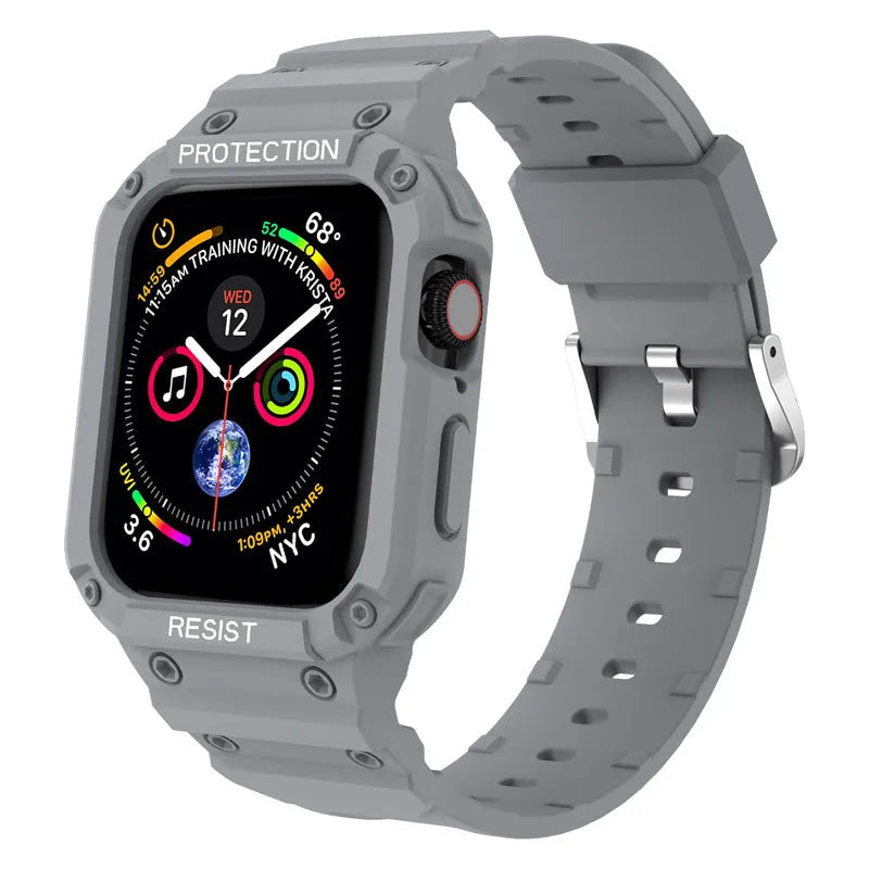 Apple Watch Series 8 compatible soft TPU sport strap in multiple colours showing 42mm and 38mm size options.