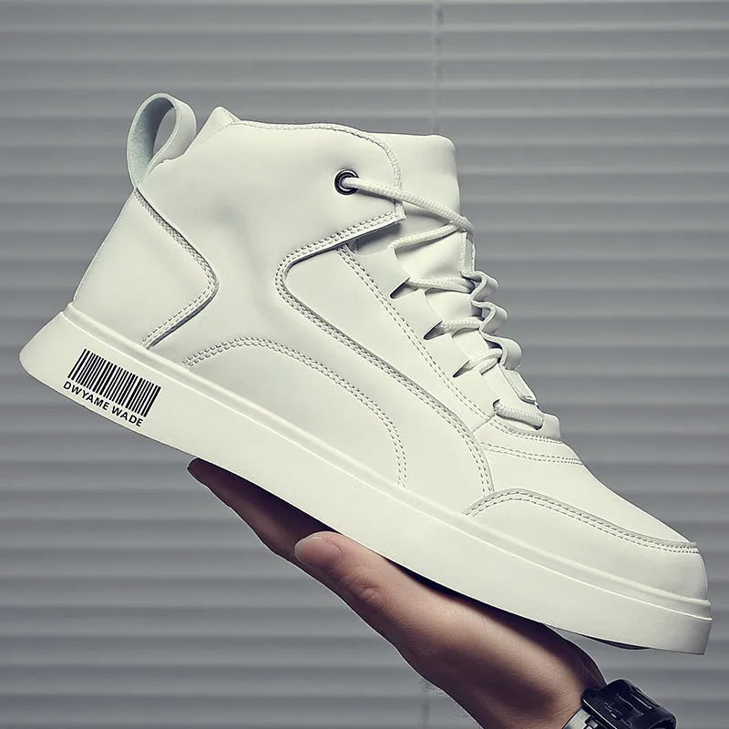 Men's white and black mid-top lace-up casual shoes with a round toe and rubber sole.