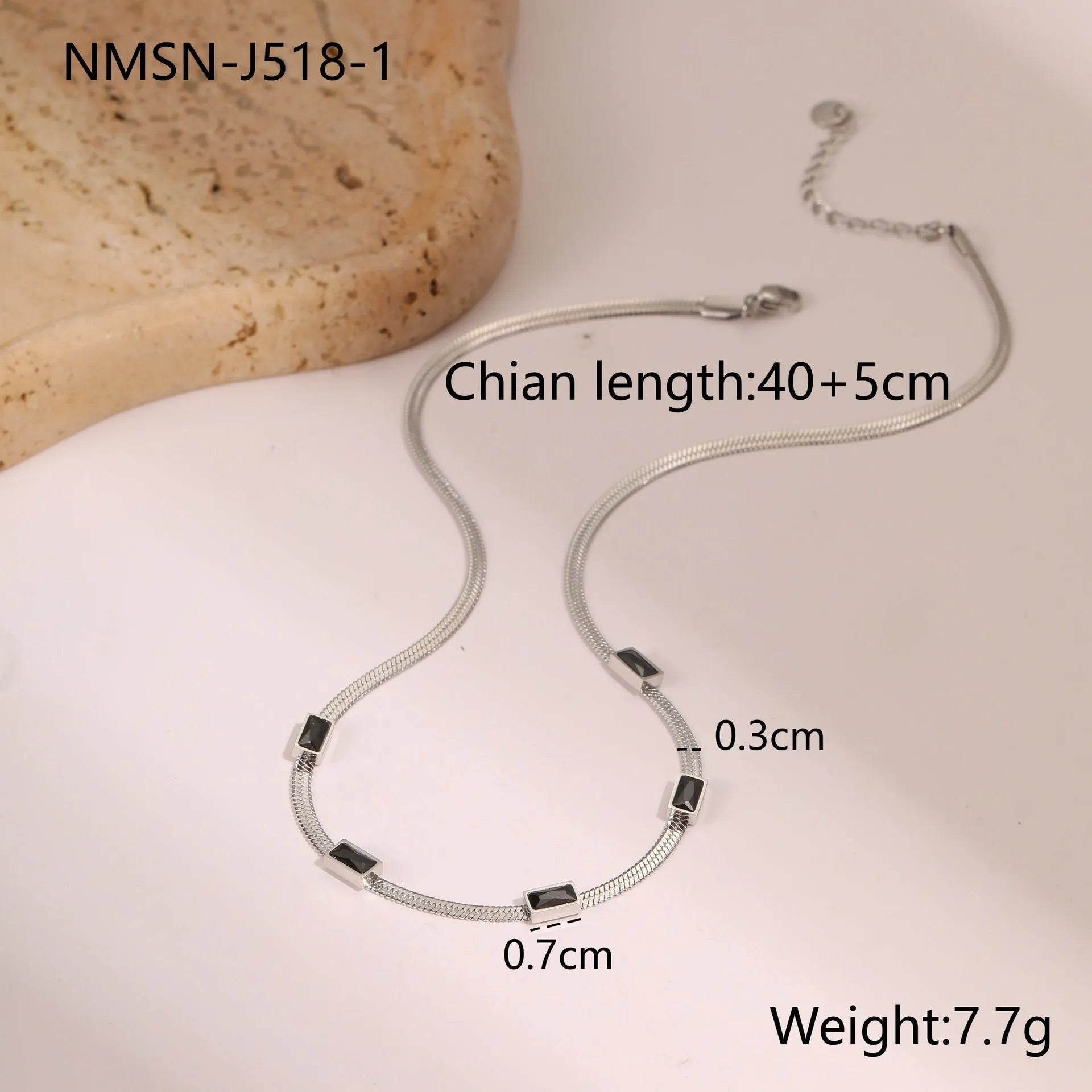 Geometric square zircon necklace with stainless steel flat snake chain in gold or steel colour