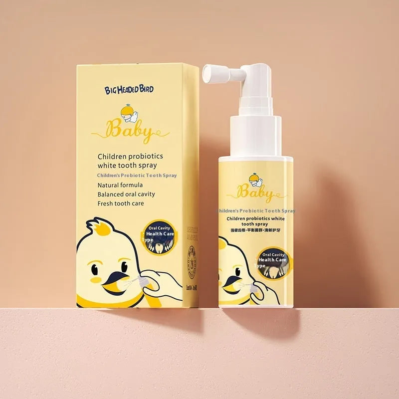 Children's probiotic oral spray bottle for teeth cleaning and cavity prevention in strawberry and orange flavours