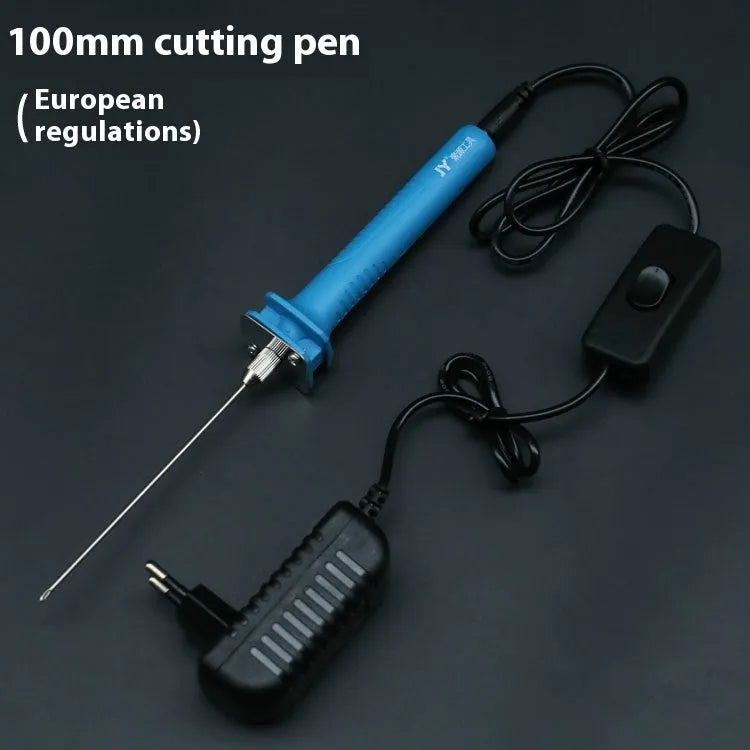 Blue plastic-handled electric heating cutter pen with adapter for cutting foam and polystyrene.