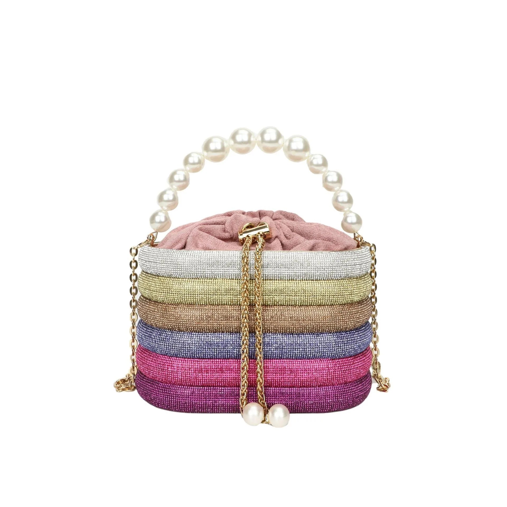 Women's retro style crossbody handbag with beaded pearl details on soft PU leather in a choice of colours.