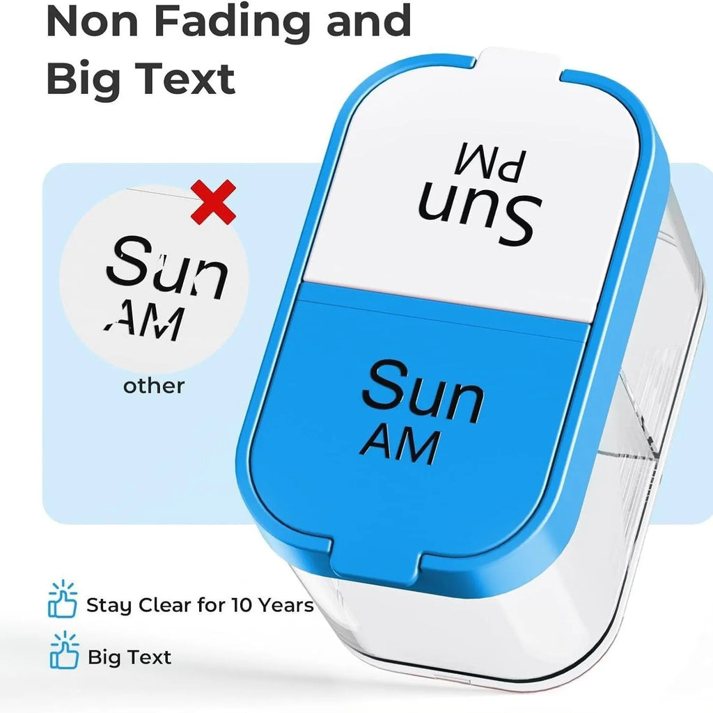 Extra large white and rainbow coloured pill box dispenser with 14 removable compartments showing dimensions