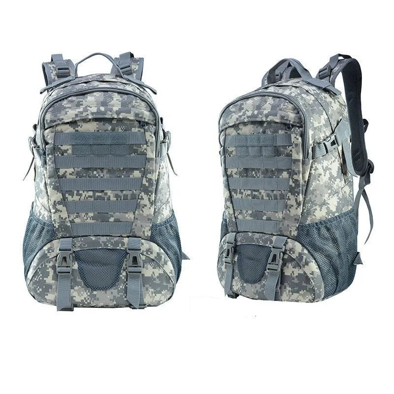 Green Oxford cloth mountaineering backpack with air pillow belt, shown with a large main compartment.