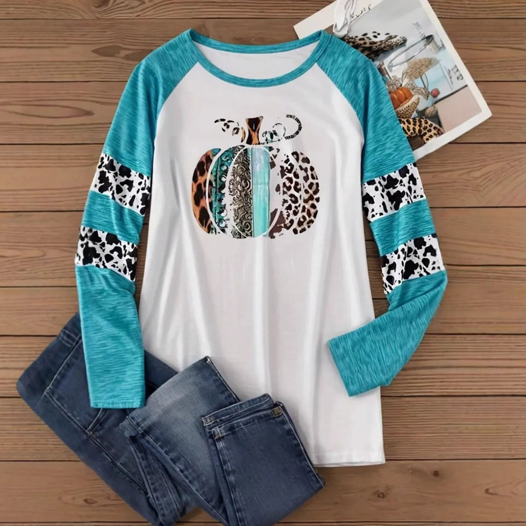 Sky blue Halloween T-shirt with pumpkin digital printing, regular fit and long sleeves