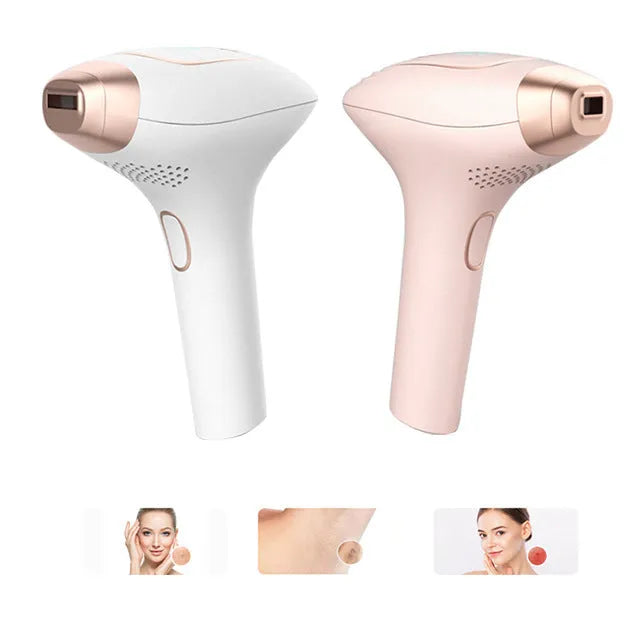 Pink and white three-in-one ice-sensing laser hair removal device with glasses and accessories