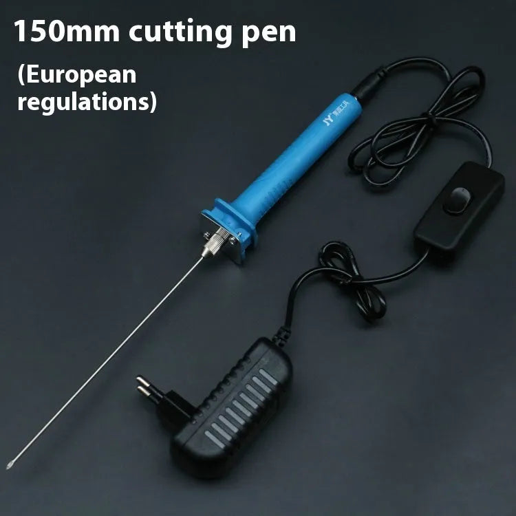 Blue plastic-handled electric heating cutter pen with adapter for cutting foam and polystyrene.