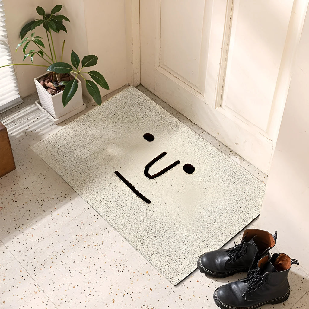Square PVC floor mat with geometric cartoon Mr Big Nose pattern in four size options