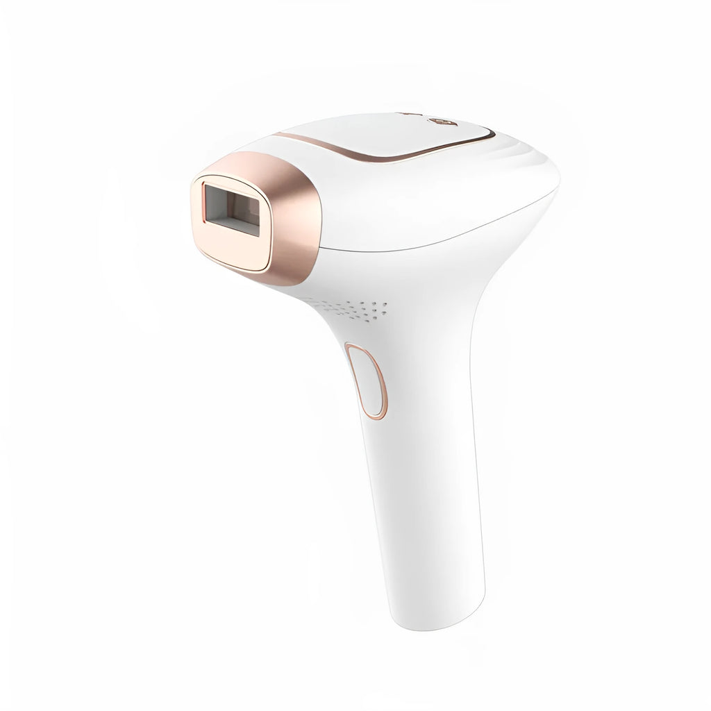 Pink and white three-in-one ice-sensing laser hair removal device with glasses and accessories