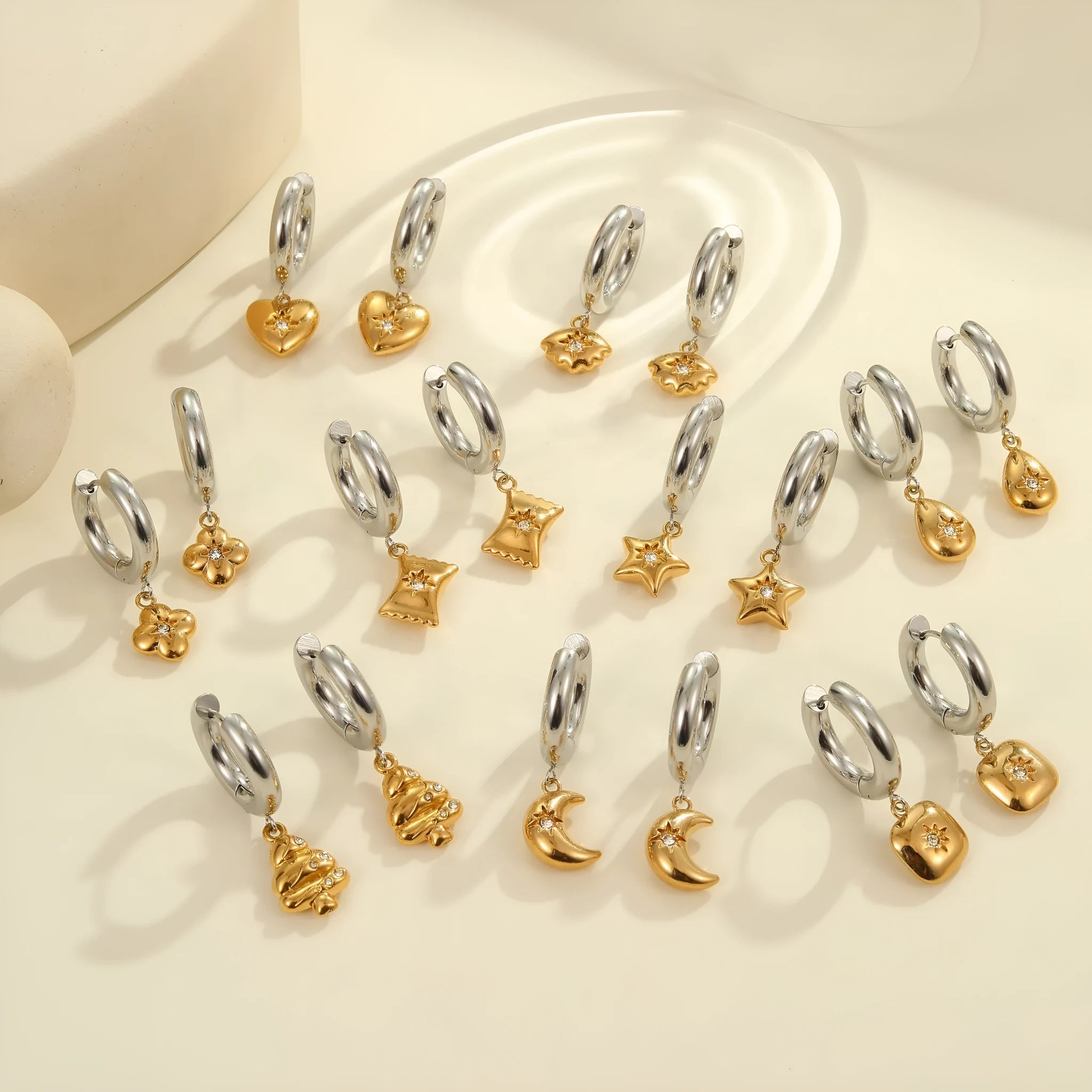 Christmas tree heart earrings in stainless steel with 18K gold electroplated finish and star charms