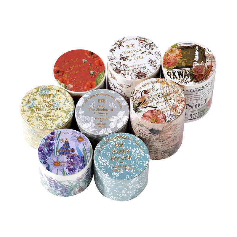 Roll of vintage floral watercolour decorative paper tape with Japanese paper backing, showing 2m length.