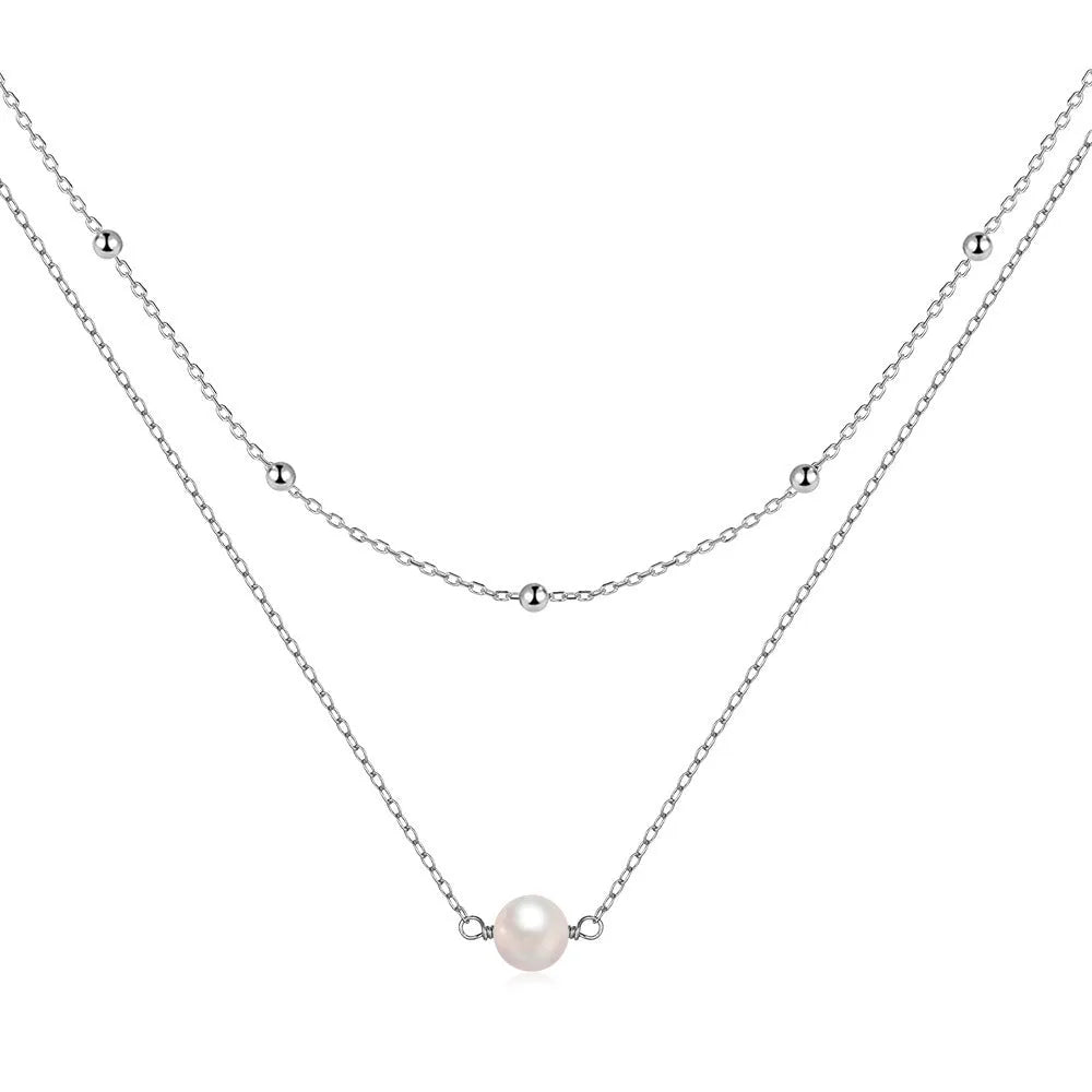 S925 sterling silver double layer pearl necklace with ball bead chain in gold finish