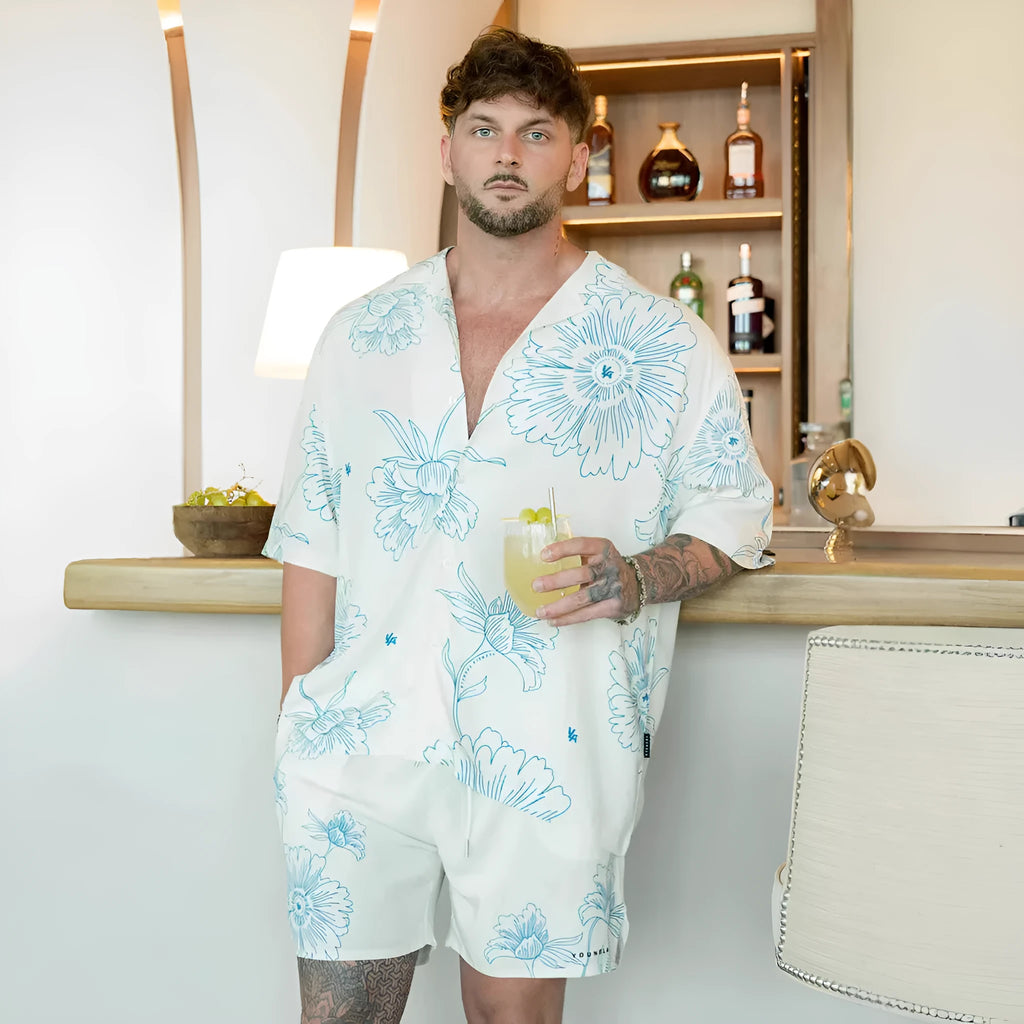 Men's printed flower pattern short sleeve top in polyester fabric with loose casual fit