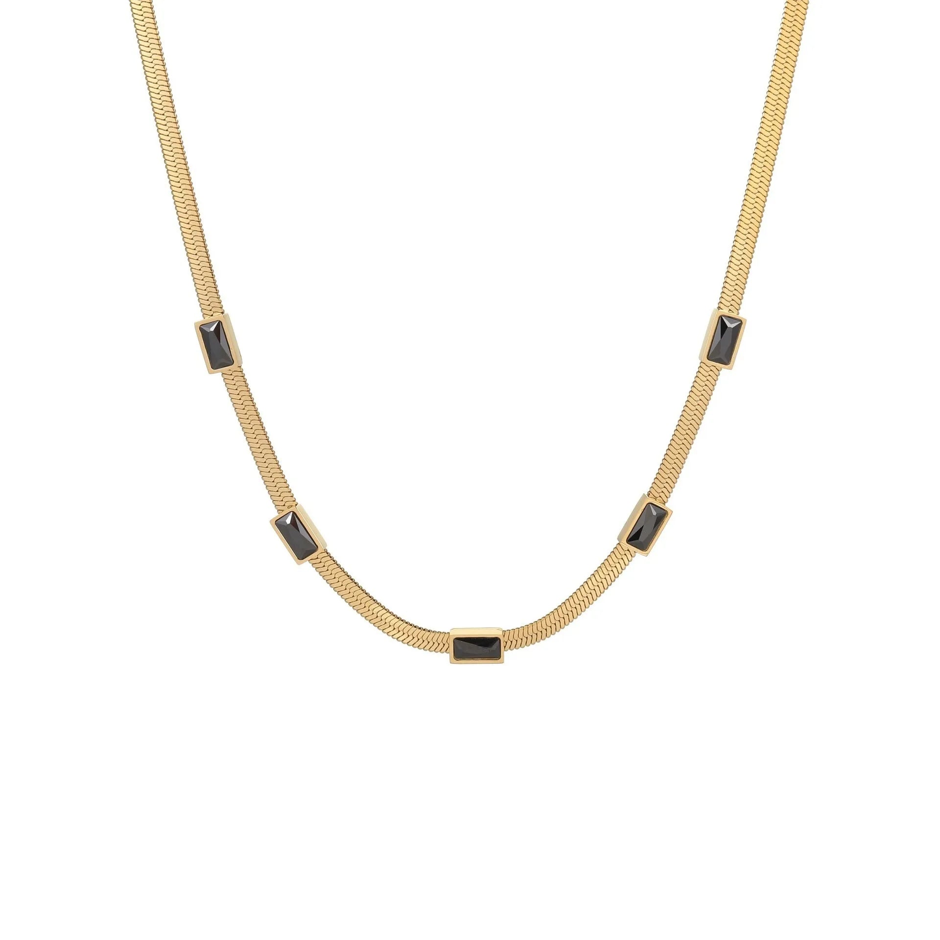 Geometric square zircon necklace with stainless steel flat snake chain in gold or steel colour