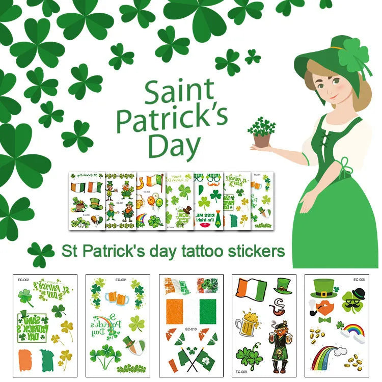 Pack of St Patrick's Day clover temporary tattoo stickers, 120mm by 75mm water transfer design.
