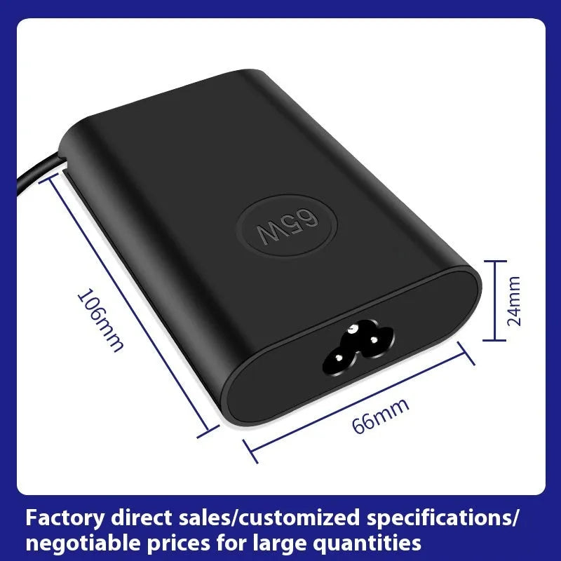 Black 65W Type-C laptop power adapter with multiple international power cords