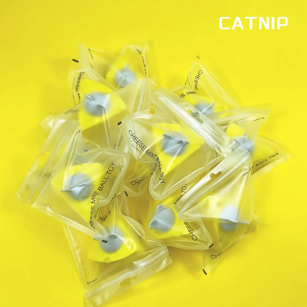 Yellow catnip toy balls with cheese flavour for feline dental care and indoor entertainment