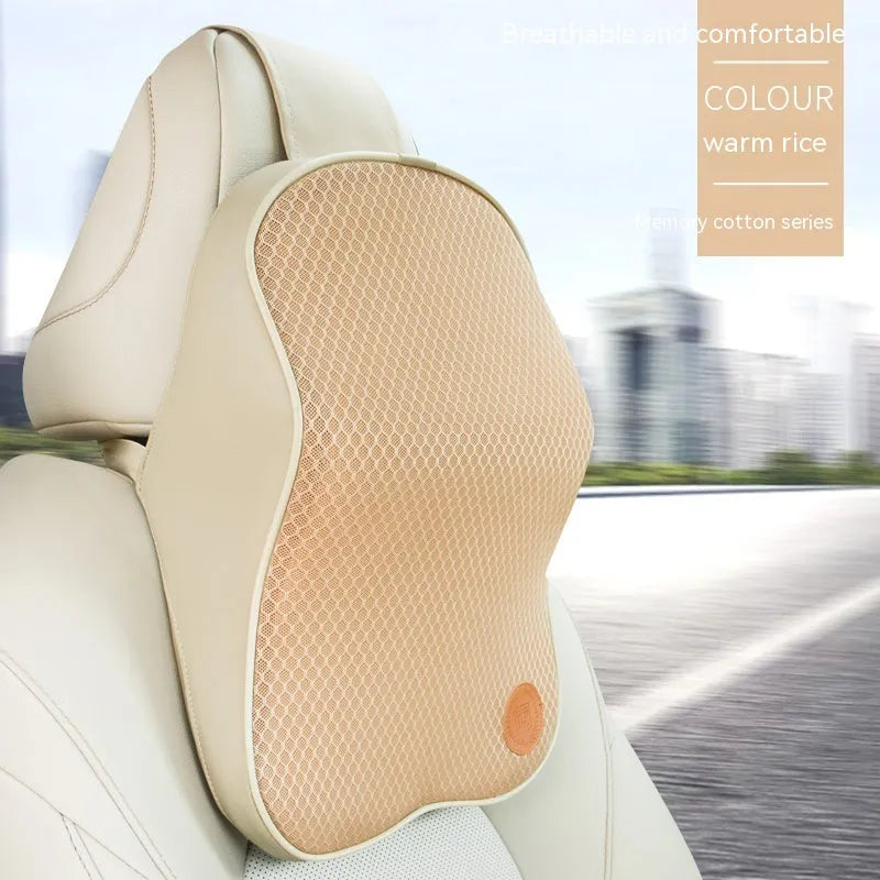 Black and beige memory foam headrest pillow and lumbar support pillow for car seats.