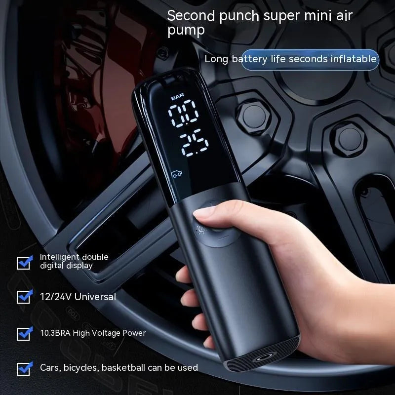 Black portable electric car air pump with tyre pressure gauge and ABS inflation tube