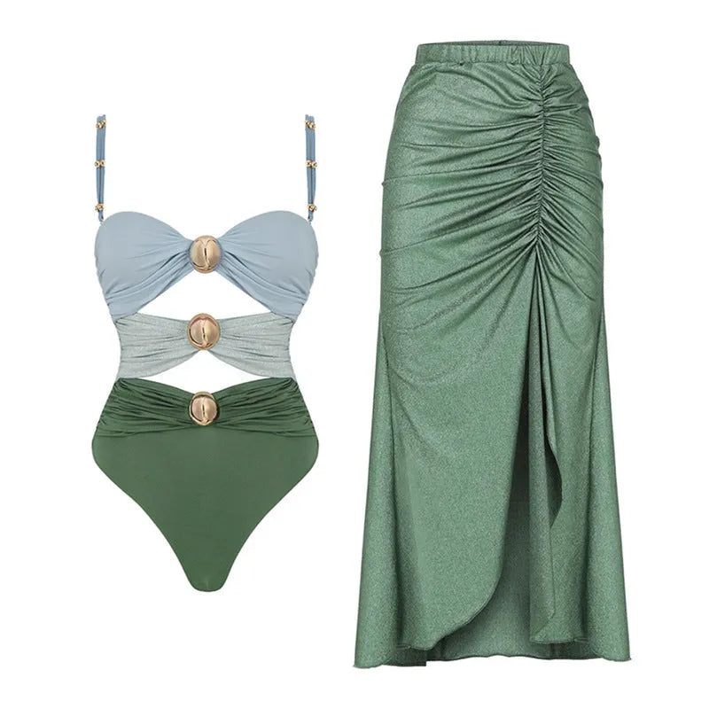Yellow and green women's high waist split bikini and one-piece swimsuits on a beach backdrop.
